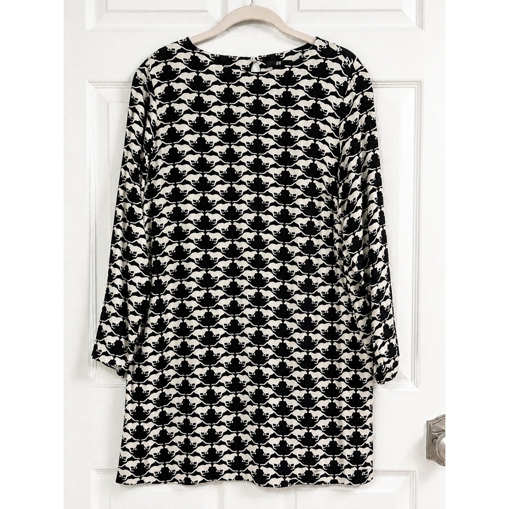 H&M Cat Print Shift Dress Size 8 Black White Long Sleeve Mod‎ Whimsigoth Mini